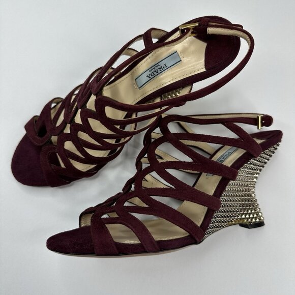 Prada Women's Burgundy Open Toe Strappy Wedge Metallic Sandal EU‎ 37.5 / US 7 - Picture 1 of 17